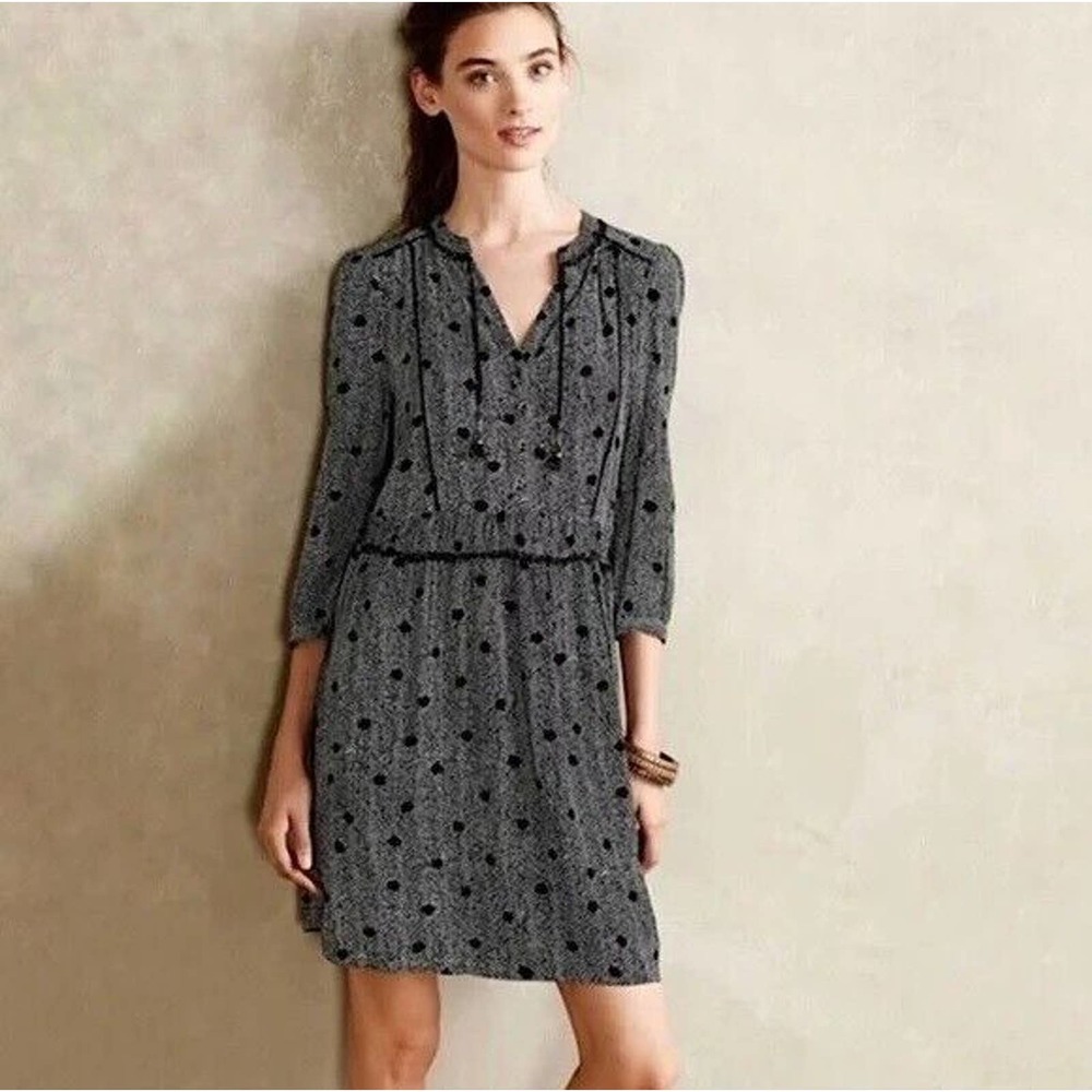 Maeve Anthropologie Black White‎ Chevron Polka Dot Tassel Dress 3/4 Sleeve Sz XS